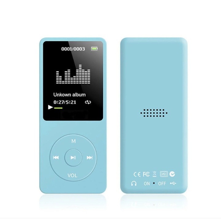 Zenelejátszó, sport típusú, külső hangszóró, Plug-in, 16 GB-os memóriakártyával, kék