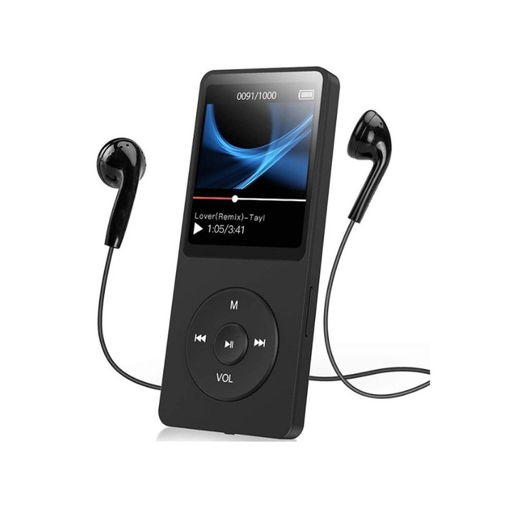 Player de muzica, tip Bluetooth, compact si convenabil, cu card TF de 64 GB, incarcare prin USB, negru