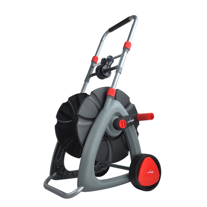 Carucior pentru furtunuri de gradina, Lehmann HT-45B, pentru furtunuri de 1/2", max. 45 m, maner telescopic, polipropilena/metal, 46x44x61-81cm, 2,8 kg, gri/negru/rosu