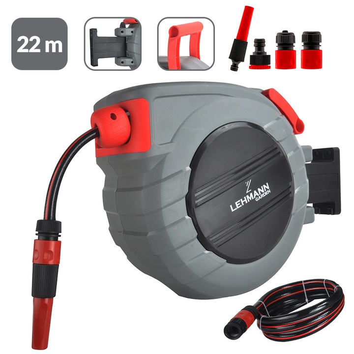 Tambur autoretractabil + furtun de gradina 20+2 m, Lehmann HR-20, rulare automata, furtun 1/2" PVC, conectori 3/4", suport de perete, include duza de stropire + conectori, 50x21x34cm, 6 kg