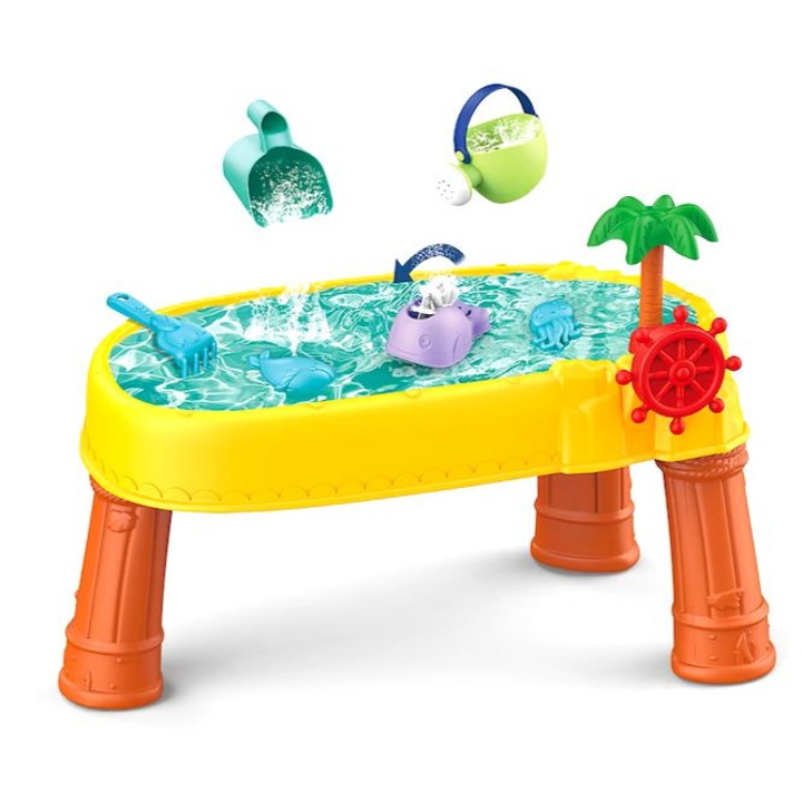Masuta de joaca cu nisip si apa pentru copii, 11 accesorii incluse, 40x36x60 cm, galben/multicolor, PROMERCO®