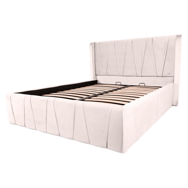 Pat dublu tapitat Montana simple 180/200 cm, crem, cu somiera metalica rabatabila si spatiu de depozitare