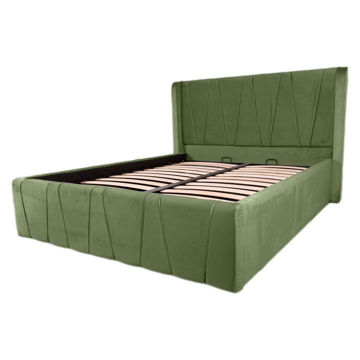 Pat dublu tapitat Montana simple 200/200 cm, kaki, cu somiera metalica rabatabila si spatiu de depozitare