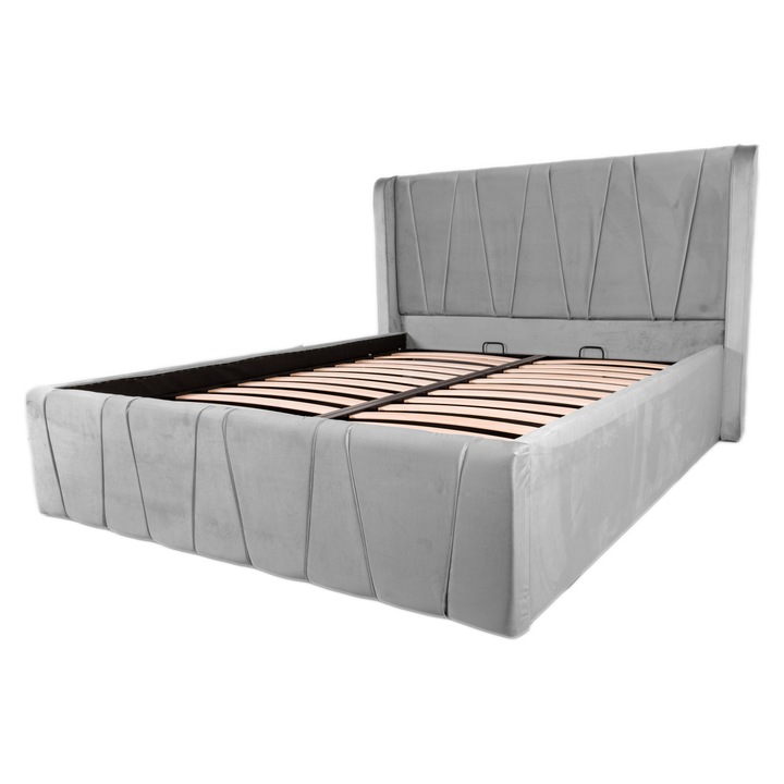 Pat dublu tapitat Montana simple 200/200 cm, gri deschis, cu somiera metalica rabatabila si spatiu de depozitare