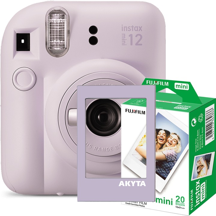 Мигновен фотоапарат Fujifilm Instax mini 12, Lilac Purple с магнитна рамка и 20 филма