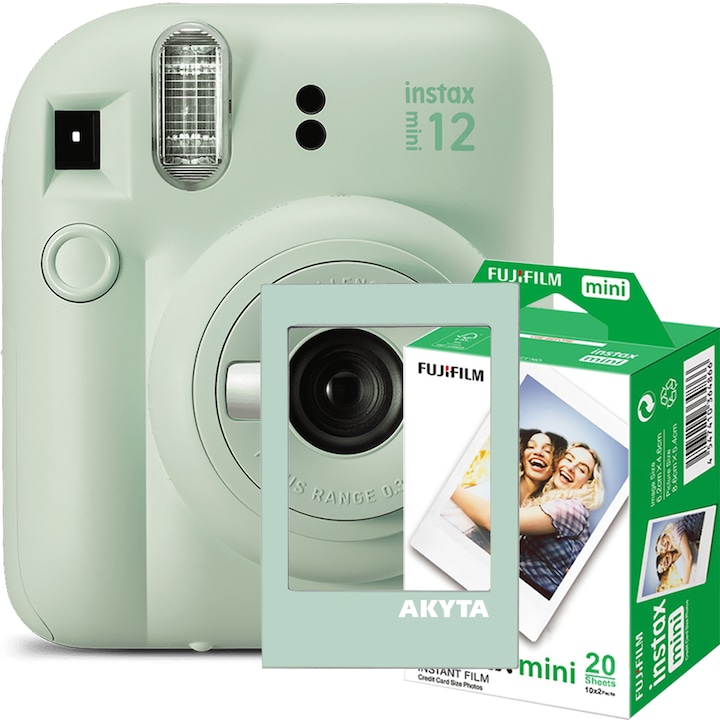 Мигновен фотоапарат Fujifilm Instax mini 12, Mint Green с магнитна рамка и 20 филма