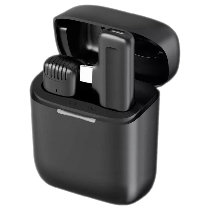 Professzionális Lavalier mikrofon, GearPro, USB Type C/Lightning, vezeték nélküli, iPhone-hoz, Samsung, műanyag, fekete