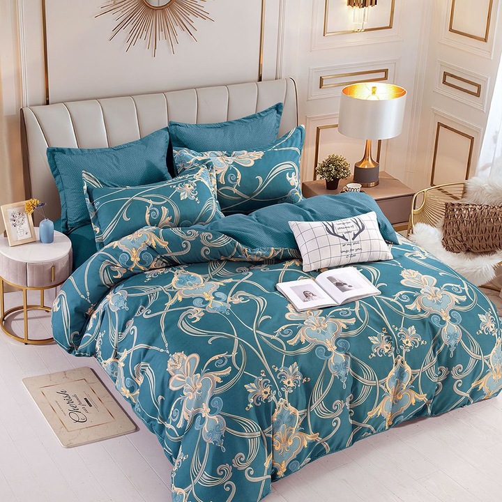 Set lenjerie pentru pat dublu, bumbac finet, imprime Barock pe fond turquoise, contine 6 piese, husa cu elastic de 160, 180 /200, cearceaf pilota de 200/230, fete perina 70/70x2 buc, 55/80 cm x2 buc, culori rezistente la spalari repetate nu intra la apa