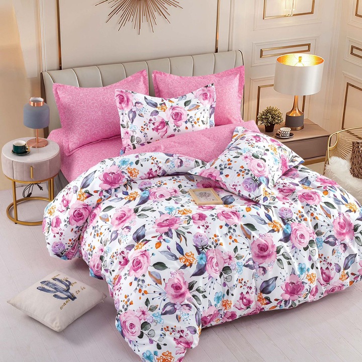 Set lenjerie pentru pat dublu, 6 piese, print trandafiri roze, cearceaf cu elastic 160, 180 /200, cearceaf pilota 200 /230, fete perina 70/70 cmx2 buc, 55/80 cm x2 buc, culori rezistente la spalari repetate, nu intra la apa