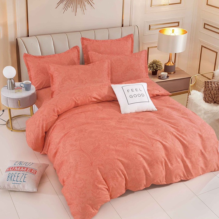 Set lenjerie pentru pat dublu, 6 piese, Corai cu print discret, cearceaf cu elastic 160, 180 /200, cearceaf pilota 200 /230, fete perina 70/70 cmx2 buc, 55/80 cm x2 buc, culori rezistente la spalari repetate, nu intra la apa