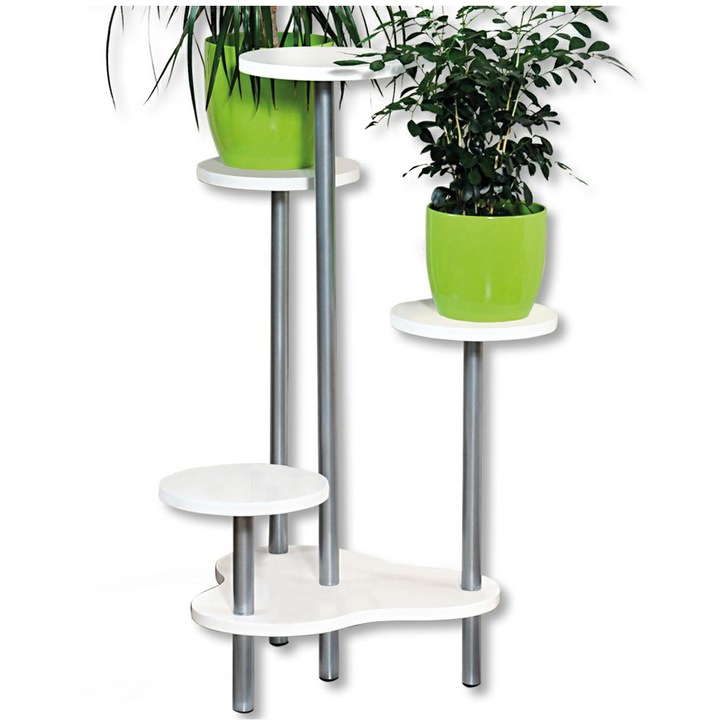 Suport flori Kesper, aluminiu/MDF, 4 rafturi, 72cm, alb/argintiu