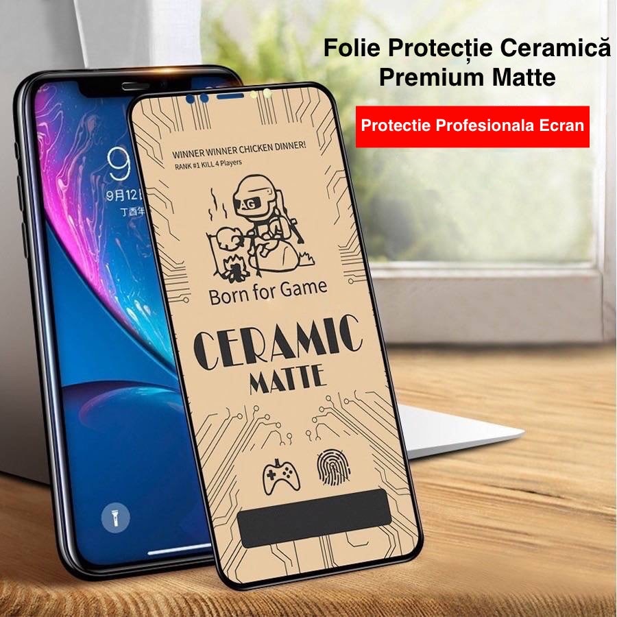 Folie Protectie Ceramica Premium Matte iFan® pentru iPhone 15 Pro max, Premium Ceramic Glass Matte, Anti Amprenta, Anti Zgarieturi, Anti Socuri, Acoperire Totala Ecran Full Cover, 2.5D, Protectie Profesionala Ecran Hard Glass 9H, Negru Mat
