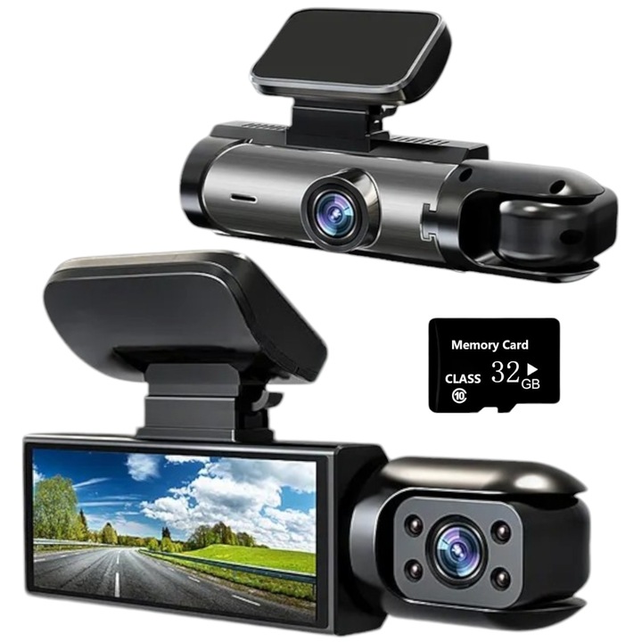 LONDEMM Dual DVR autós kamera Full HD 1080P, 32 GB-os Premium SD memóriakártya, belső kamera, 3,16 hüvelykes LCD kijelző, ultraszéles 170°-os felvételi szög, éjszakai látás, hurokrögzítés, G-érzékelő, mozgásérzékelés