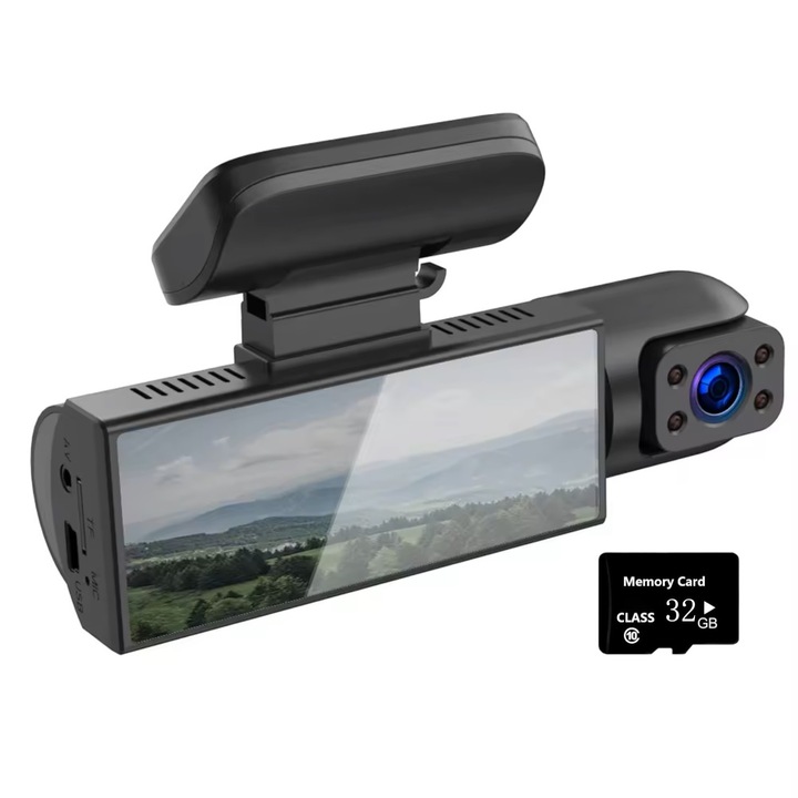 Видеорегистратор LONDEMM, DVR, Full HD 1080P, включена SD карта с памет 32GB, вътрешна камера, 3,16-инчов LCD дисплей, ултраширок ъгъл на запис 170°, нощно виждане, цикличен запис, G сензор, откриване на движения, сребрист