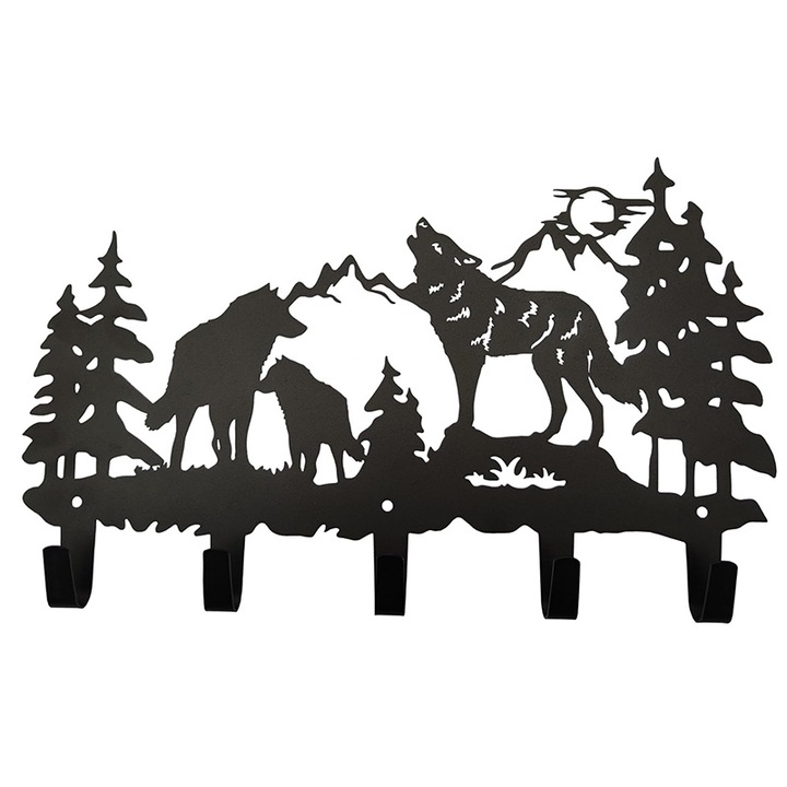 Cuier tematic lup, metalic, negru, pentru hol sau birou