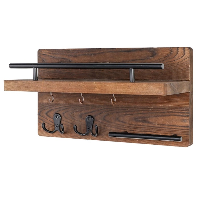 Suport chei, lemn, rustic, cu rafturi, maro, 12.6x7x5 inch