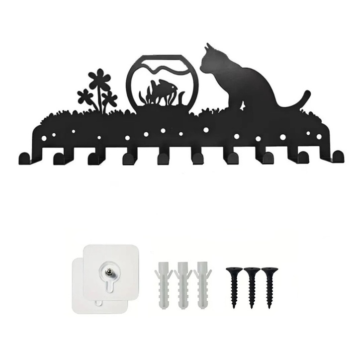 Cuier decorativ, metal, negru, 24x9cm