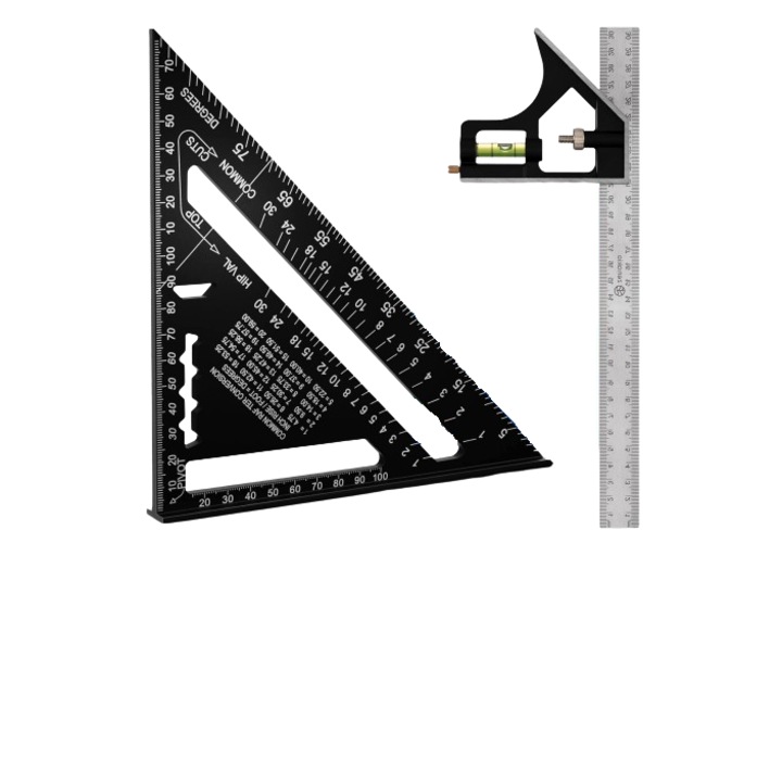 Set format din triunghi metric profesional de 185 mm si echer de 300 mm, multifunctional, Zenakio, negru