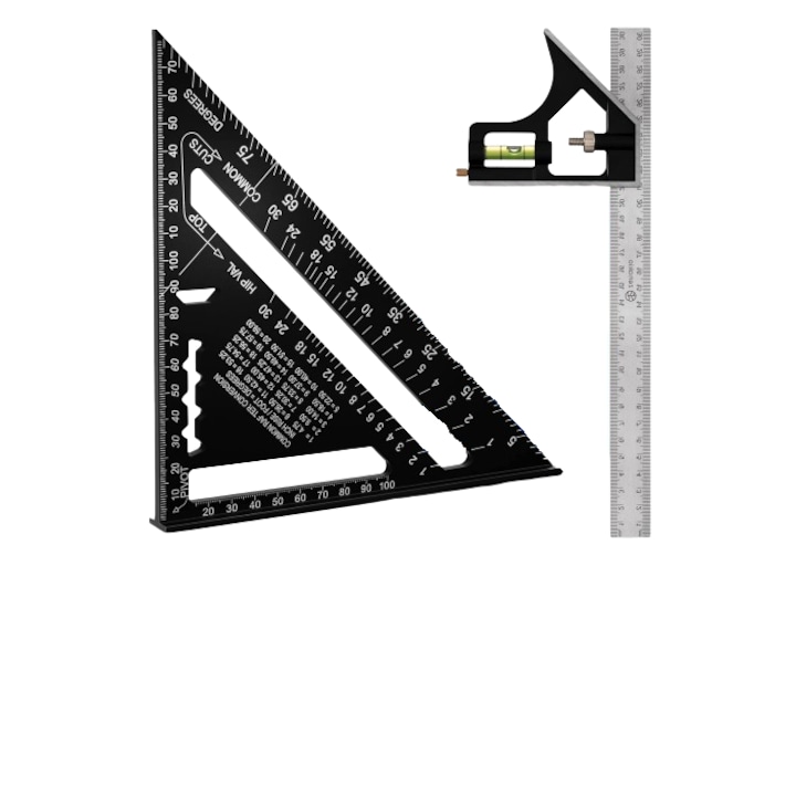 Set format din triunghi metric profesional de 185 mm si echer de 300 mm, multifunctional, Zenakio, negru