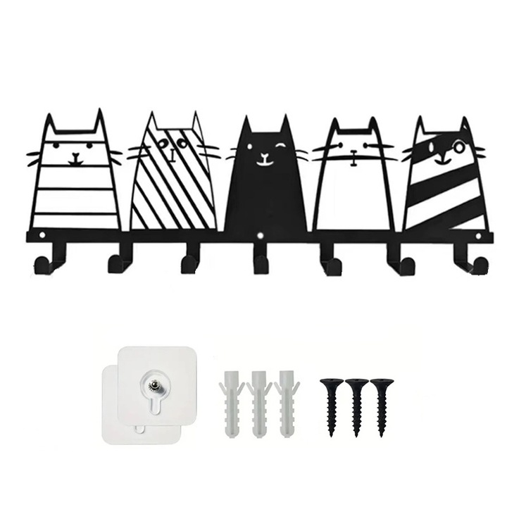 Cuier cu 5 carlige, metal, negru, 24x9cm