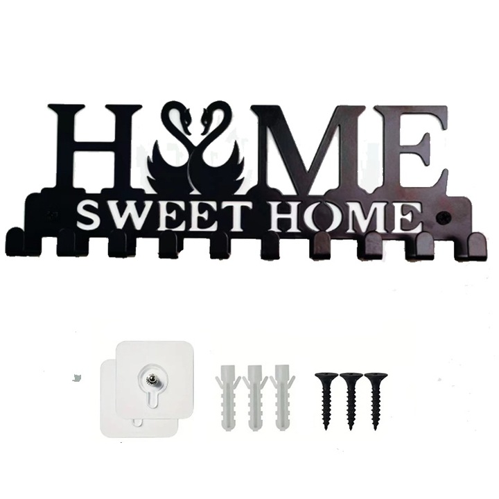 Cuier decorativ in forma de lebada, metal, negru, 24x9cm