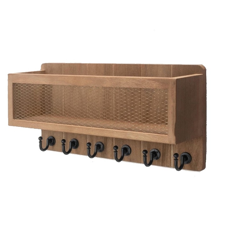 Поставка за ключове за стена, дърво, ретро кафява, 6 куки