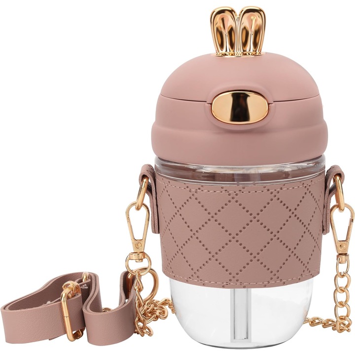 2DAYFIND boroszilikát üvegpohár hideg és meleg italokhoz, felhajtható fedéllel, szilikon szívószál, bőr tokkal, gyöngyház kiegészítővel és fém szíjjal, +4 bábu, táskaként hordható, gyerekeknek és felnőtteknek, 380 ml, rózsaszín