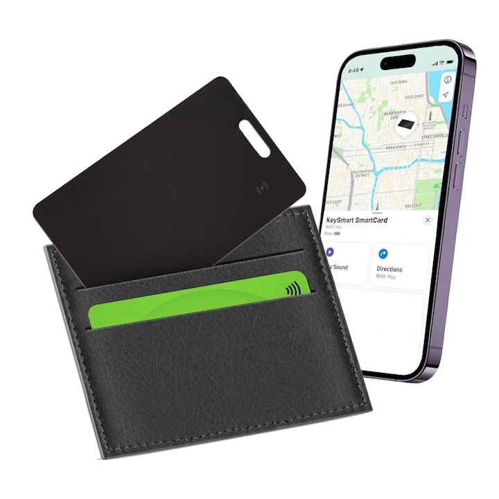 Смарт карта EmmaShop® Wallet Tracker, GPS тракер Anti-Lost For Wallet, работи с Apple Find My App, глобално покритие, ултратънък 1,8 mm, акумулаторен, водоустойчив, черен