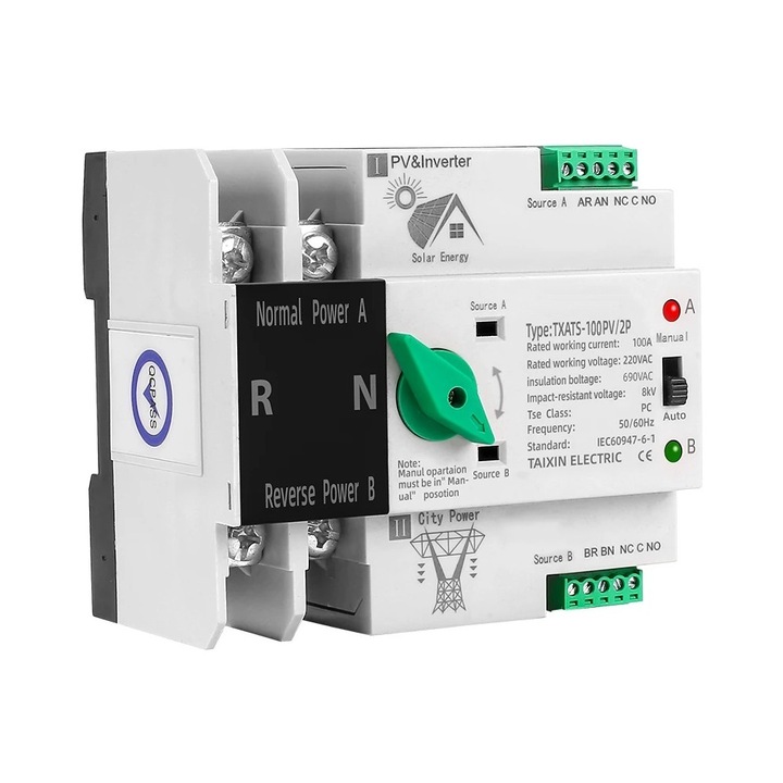 Comutator automat monofazat, E-ETOP, ETXATS-100PV-2P, SMART SWITCH, 2P, 100A, sisteme solare, alb