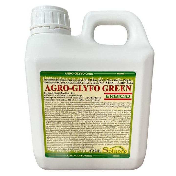 Erbicid total pe baza de glifosat, pentru combaterea buruienilor cu frunza ingusta si cu frunza lata, anuale si perene, Agro Glyfo Green, 1 litru