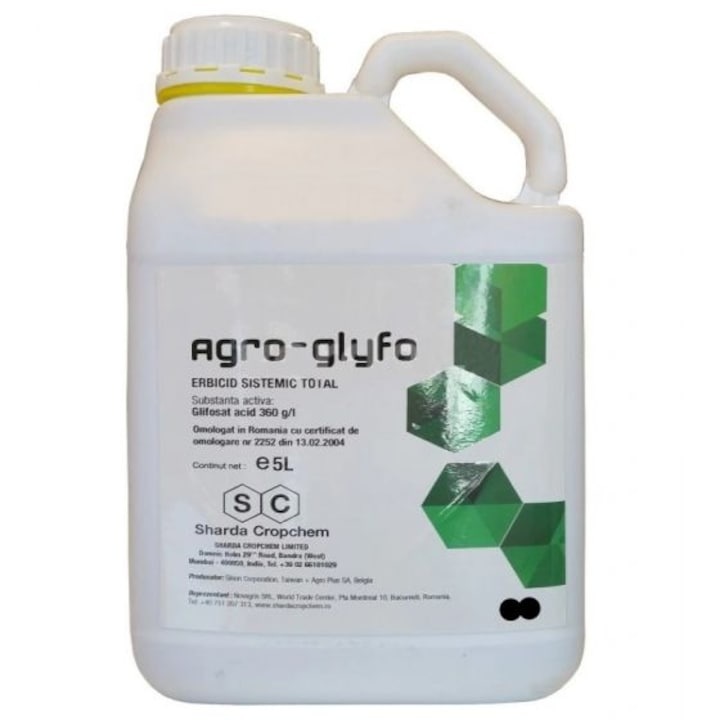 Erbicid total utilizat pentru a combate buruienile cu frunza ingusta cat si cu frunza lata, anuale si perene, Agro Glyfo, 5 litri