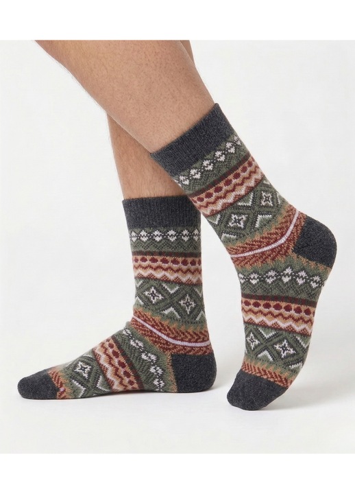 Set 3 perechi, Sosete, sosete lungi, barbati, bumbac, termice iarna, model geometric etnic, Gri, marimea 36-44 EU, CoziSox