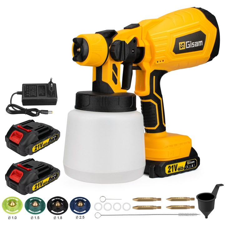 Gisam elektromos festőpisztoly, 360°-ban forgatható fúvóka, 1000ml, 21V, 2db elem készlet 2Ah