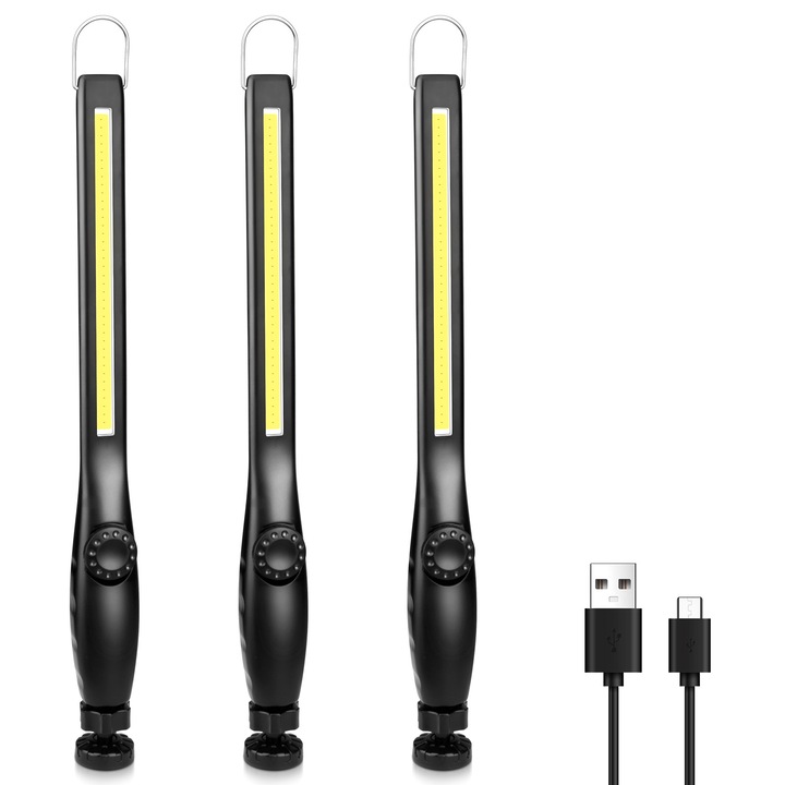 Lampi de lucru cu LED COB, reincarcabile, baza magnetica, 2200mAh, negru 3pc