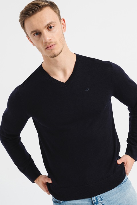 ARMANI EXCHANGE, V-nyakú szűzgyapjú pulóver, Indigókék