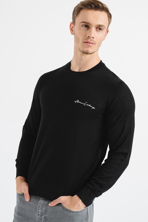 ARMANI EXCHANGE, Gyapjútartalmú finomkötött pulóver, Fekete
