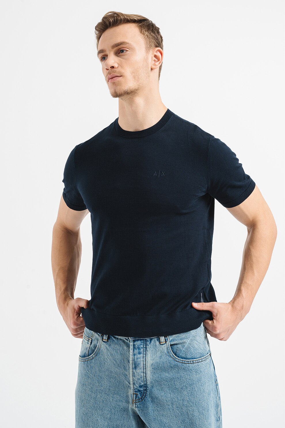 ARMANI EXCHANGE, Tricou de bumbac cu decolteu la baza gatului, Bleumarin, L