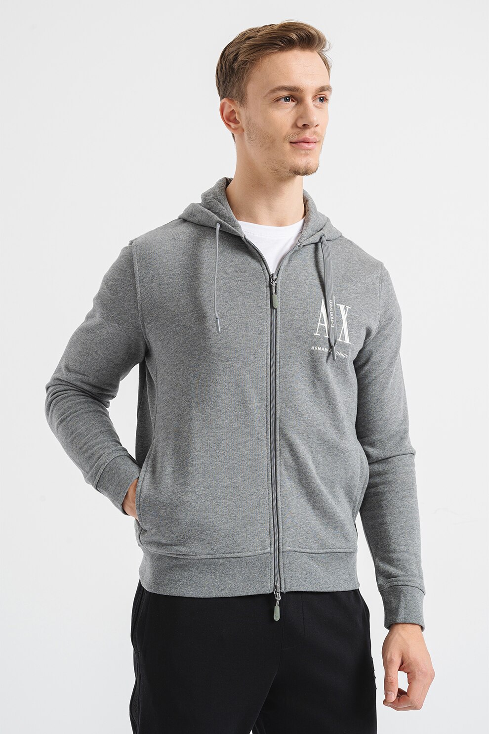 y.h（^3^）  ARMANI EXCHANGE, Hanorac din amestec de bumbac cu logo brodat, Gri