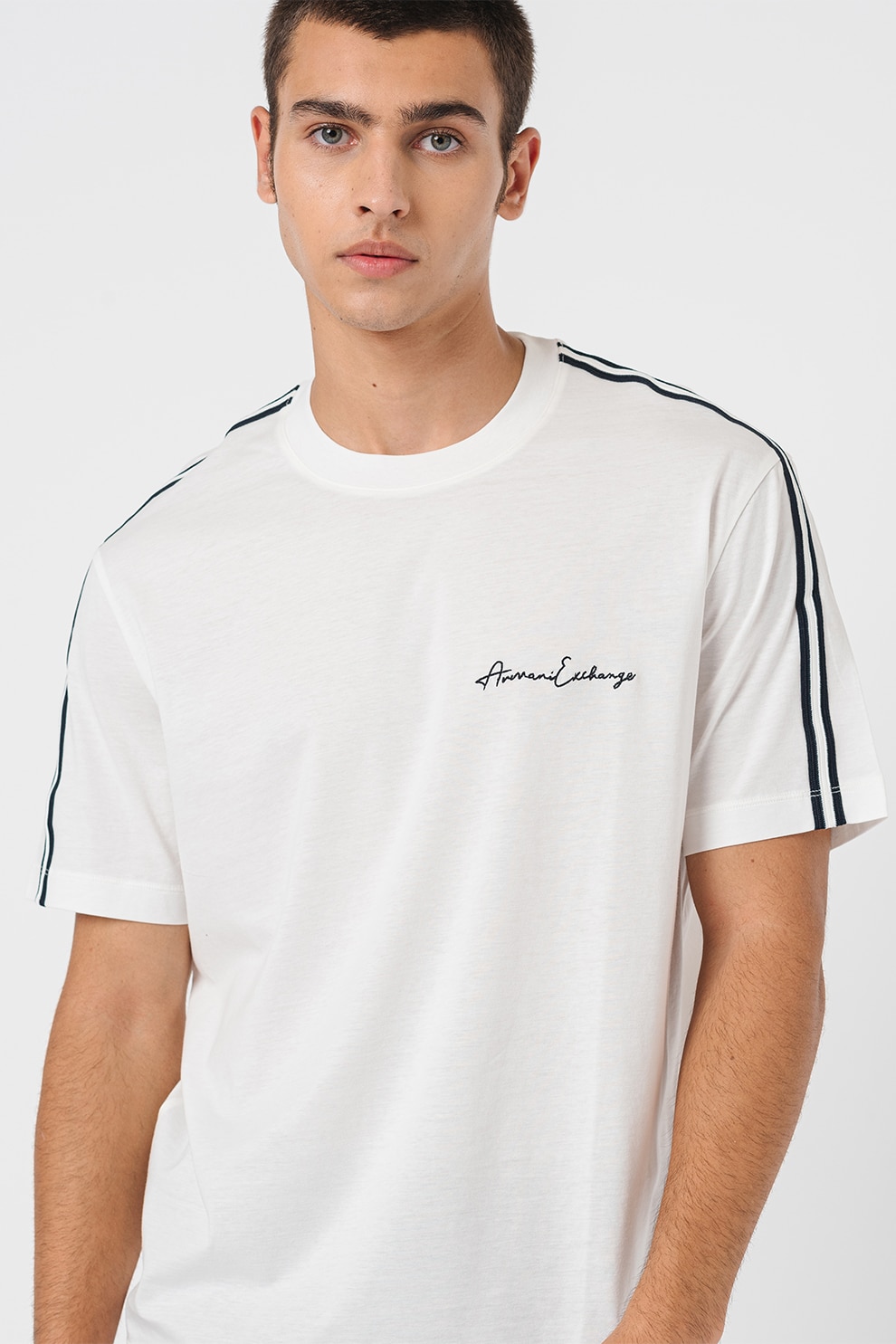 ARMANI EXCHANGE, Tricou de bumbac cu decolteu la baza gatului, Albastru ultramarin, Alb optic, XL