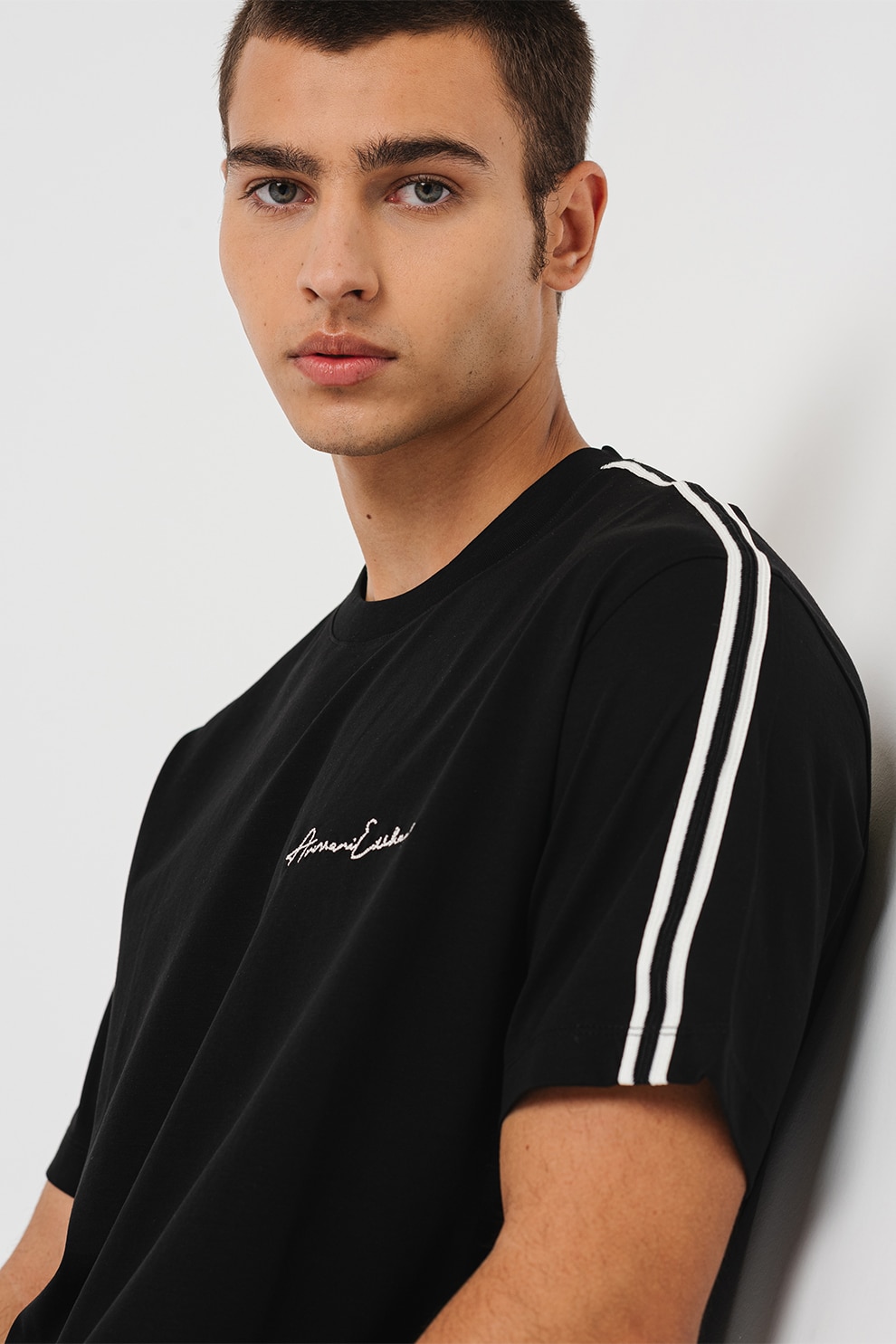 ARMANI EXCHANGE, Tricou de bumbac cu decolteu la baza gatului, Negru, Alb optic, M