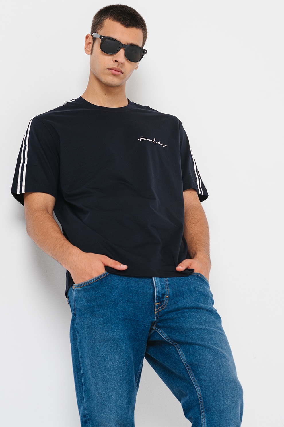 ARMANI EXCHANGE, Tricou de bumbac cu decolteu la baza gatului, Alb optic, Bleumarin, L