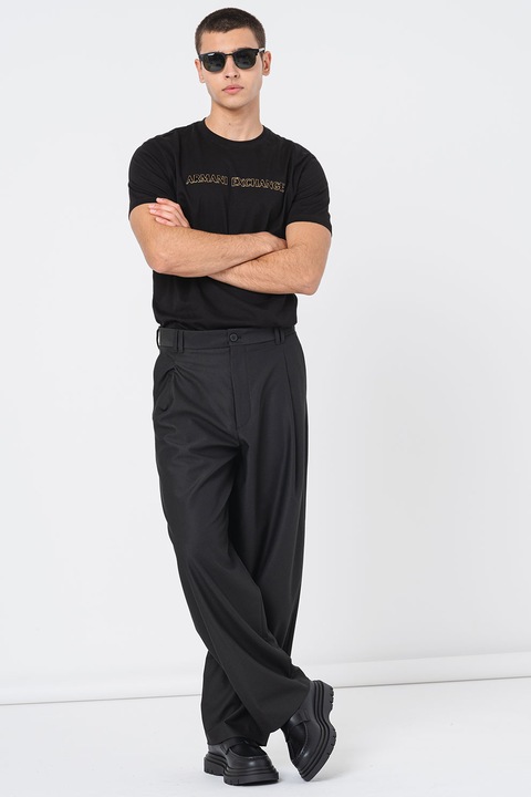 ARMANI EXCHANGE, Памучна тениска с овално деколте, Златист/Черен