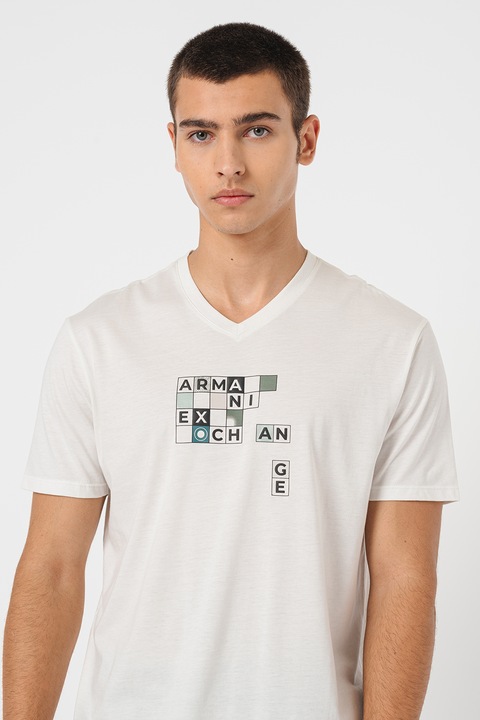 ARMANI EXCHANGE, Тениска от памук с шпиц, Бял/Черен