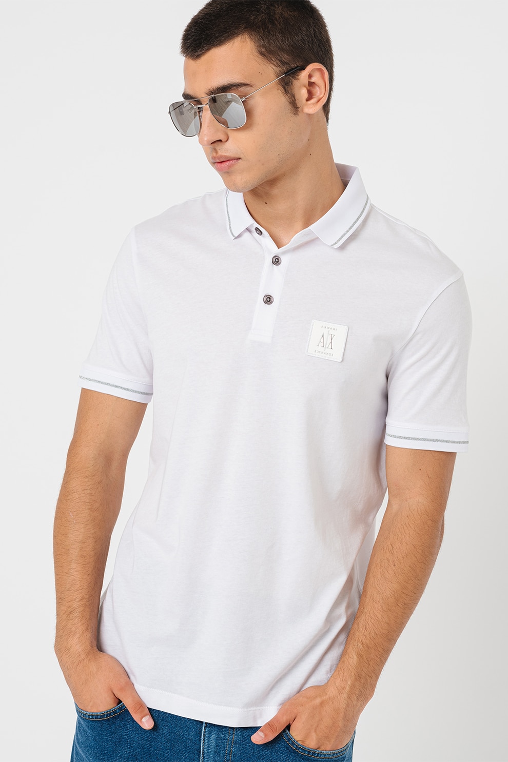 ARMANI EXCHANGE, Tricou de bumbac cu logo pe piept, Alb optic, S