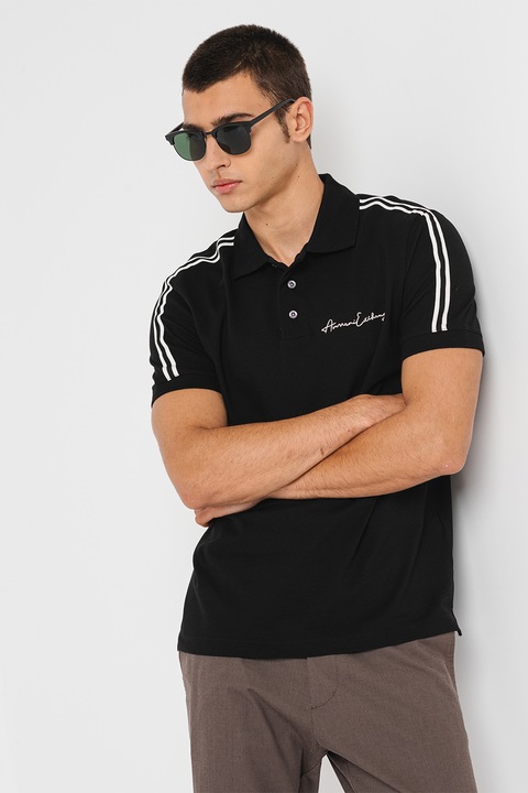 ARMANI EXCHANGE, Тениска с памук, яка и лого, Черен/Бял