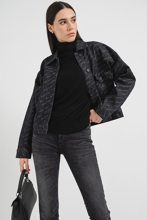 ARMANI EXCHANGE, Jacheta din denim cu imprimeu logo si buzunare aplicate, Albastru inchis