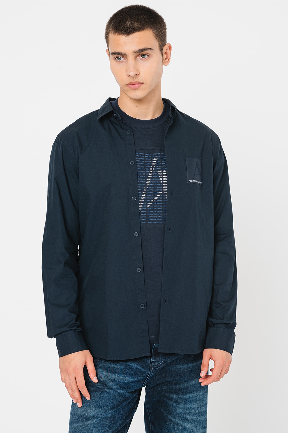 ARMANI EXCHANGE, Camasa de bumbac cu logo, Albastru ultramarin, S