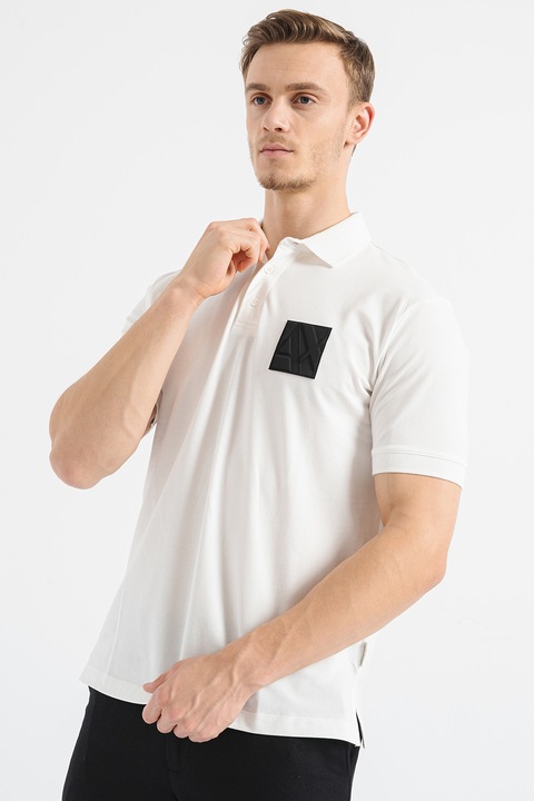 ARMANI EXCHANGE, Памучна тениска с яка и лого, Мръснобял