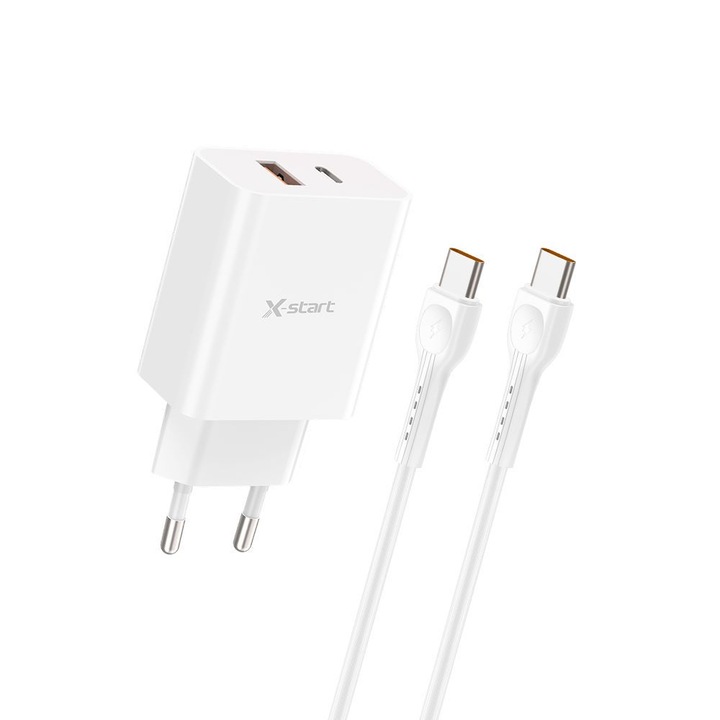 Мрежово зарядно X-Start Daden CDQ081CC + USB-C кабел за зареждане 1m, Бързо зареждане, Quick Charge 3.0, 5V, 3A, Power Delivery 30W, USB-C, Бял