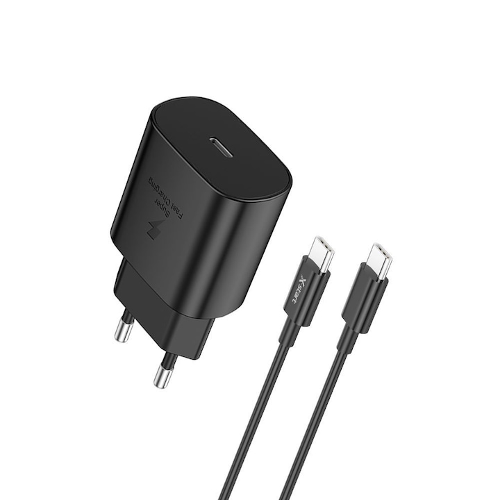 Мрежово зарядно X-Start Daden CDQ079CC + USB-C кабел за зареждане 1m, Бързо зареждане, Супер бързо зареждане, 5V, 3A, Power Delivery 25W, USB-C, Черен